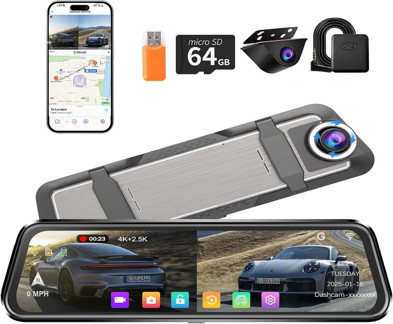 Aprilboy Mirror Dash Cam 4K Front and 2.5K Rear, IMX415 Rearview Mirror Camera for Cars, 5.8GHz WiFi, WDR, G-Sensor, Night Vision, Reverse Assist, Included 64GB Card - Image 1